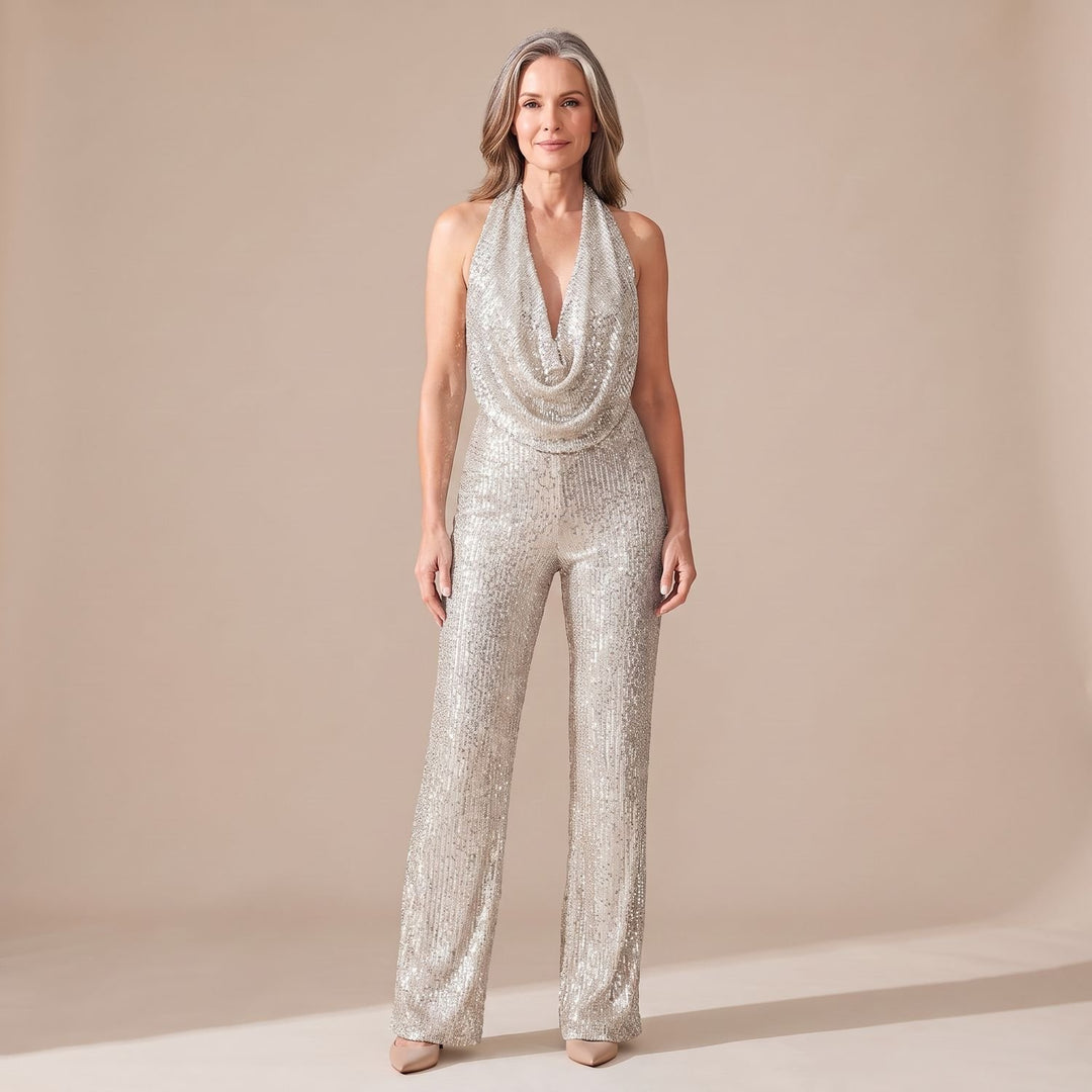 Damen Pailletten Halter Jumpsuit Wasserfallausschnitt Weitbein - Silber