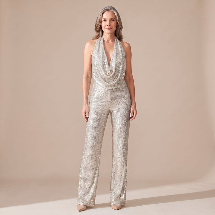 Damen Pailletten Halter Jumpsuit Wasserfallausschnitt Weitbein - Silber