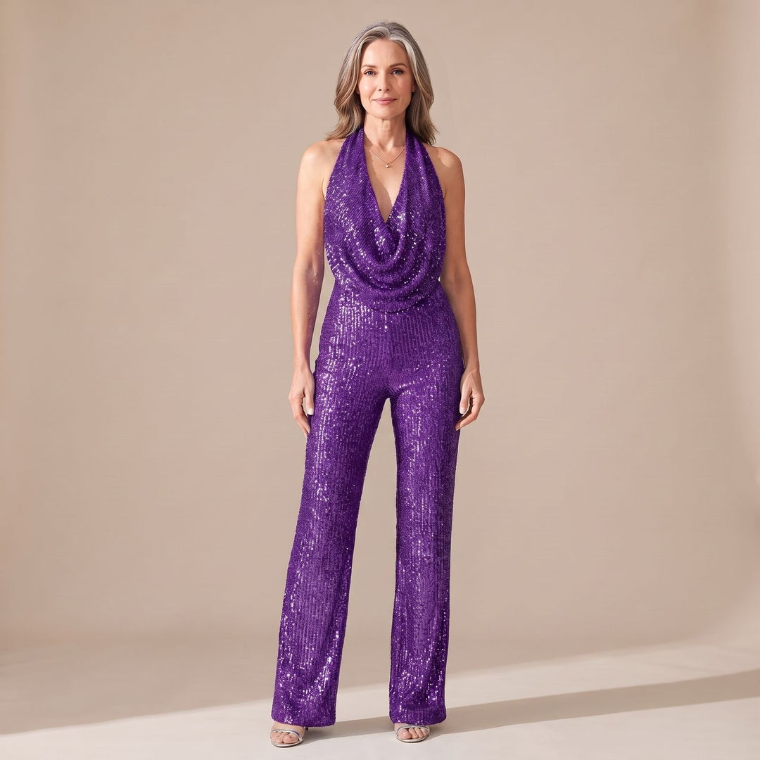 Damen Pailletten Halter Jumpsuit Wasserfallausschnitt Weitbein - Lila