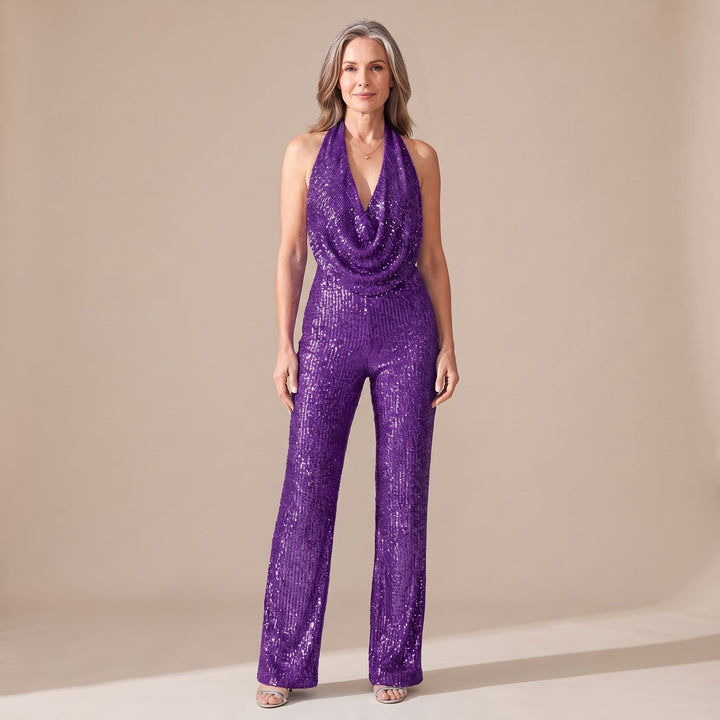 Damen Pailletten Halter Jumpsuit Wasserfallausschnitt Weitbein - Lila