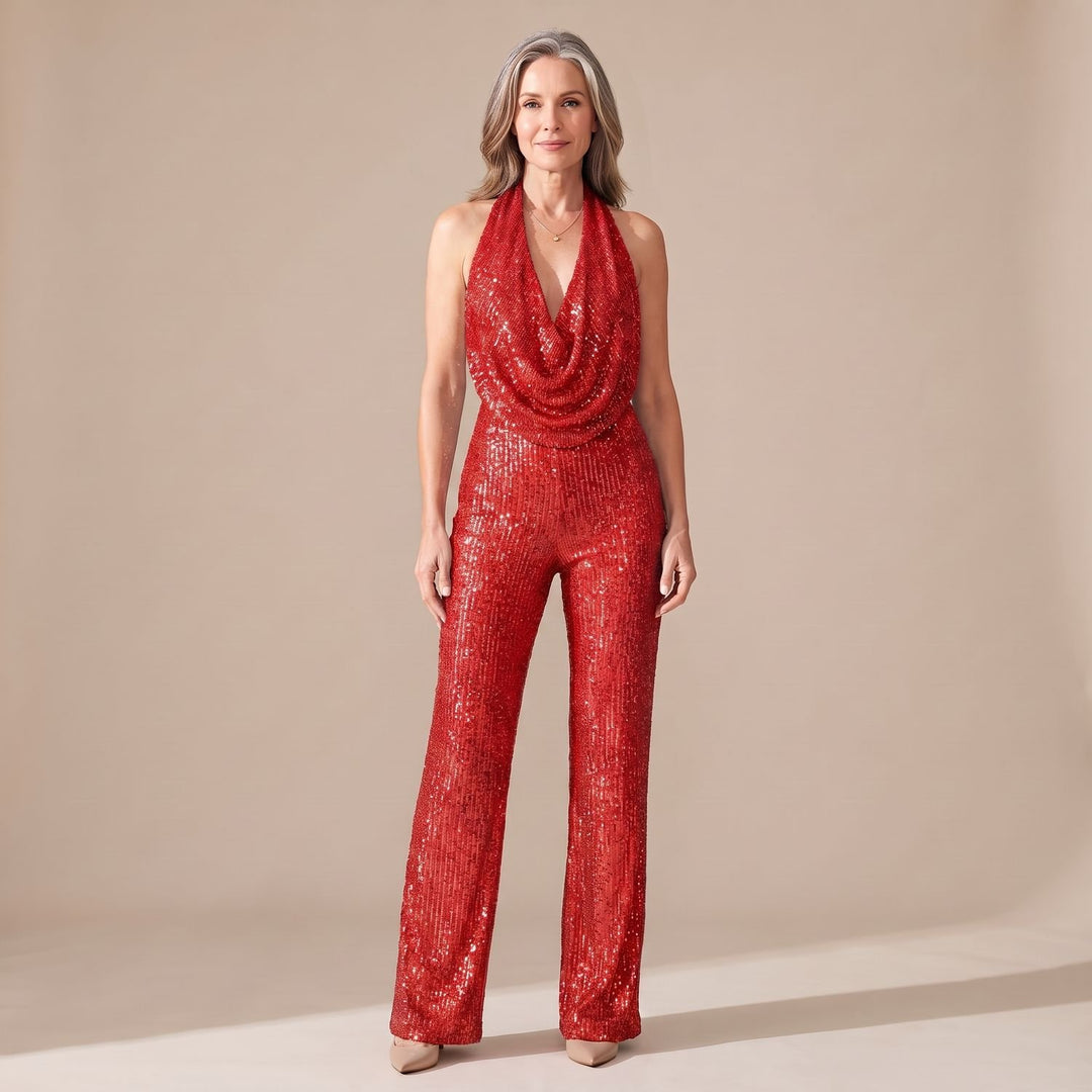 Damen Pailletten Halter Jumpsuit Wasserfallausschnitt Weitbein - Rot