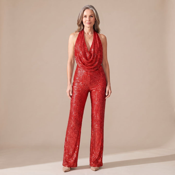 Damen Pailletten Halter Jumpsuit Wasserfallausschnitt Weitbein - Rot
