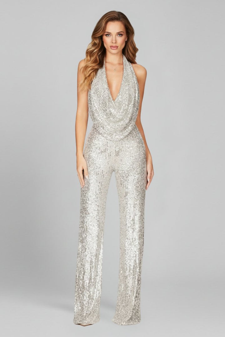 Damen Pailletten-Jumpsuit Neckholder Weite Beine Cowl-Ausschnitt - Silver