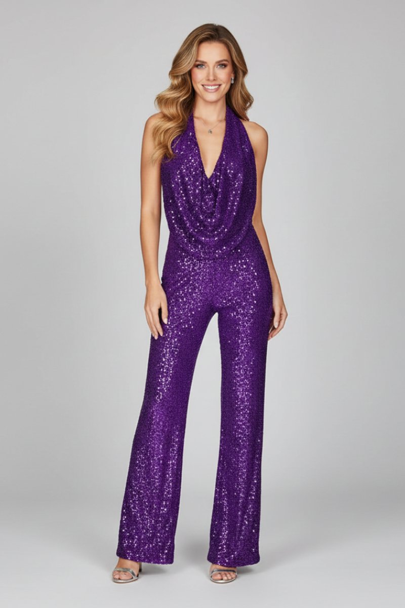 Damen Pailletten-Jumpsuit Neckholder Weite Beine Cowl-Ausschnitt - Purple