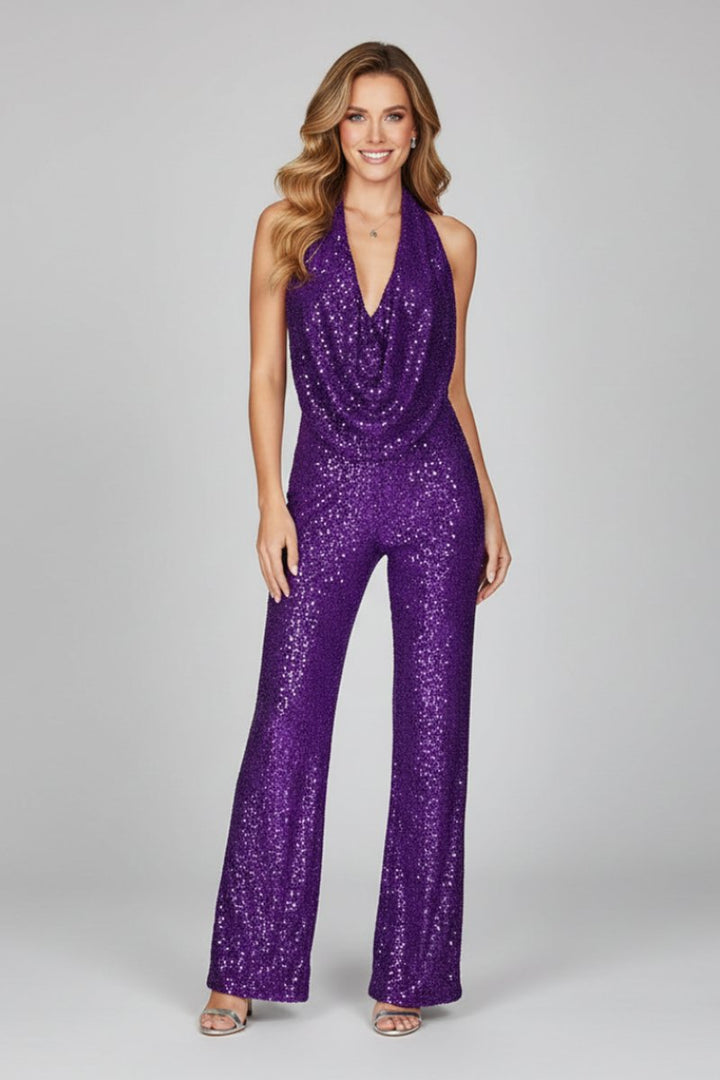 Damen Pailletten-Jumpsuit Neckholder Weite Beine Cowl-Ausschnitt - Purple