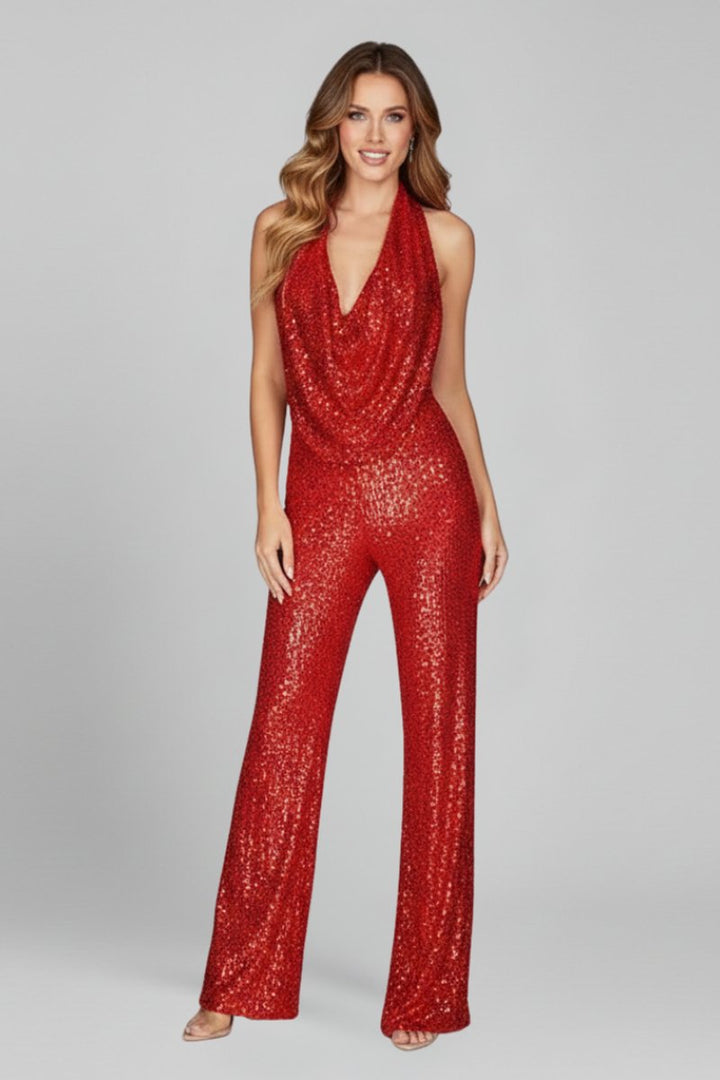 Damen Pailletten-Jumpsuit Neckholder Weite Beine Cowl-Ausschnitt - Red