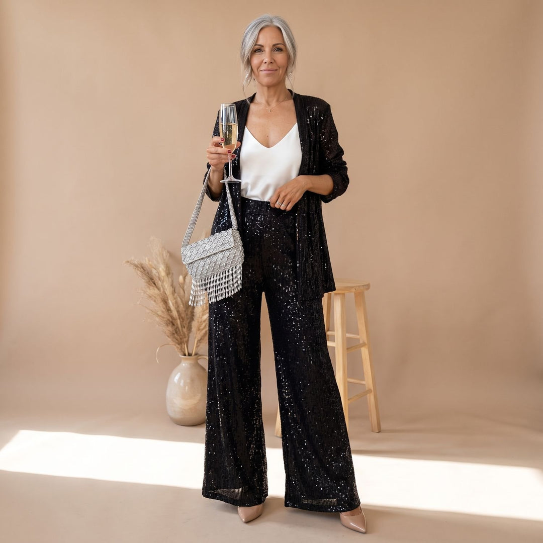 Damen Pailletten Party-Blazer Set Open-Front Langarm