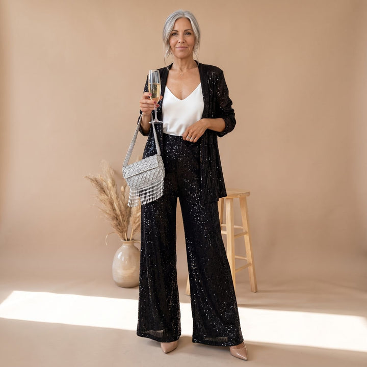 Damen Pailletten Party-Blazer Set Open-Front Langarm