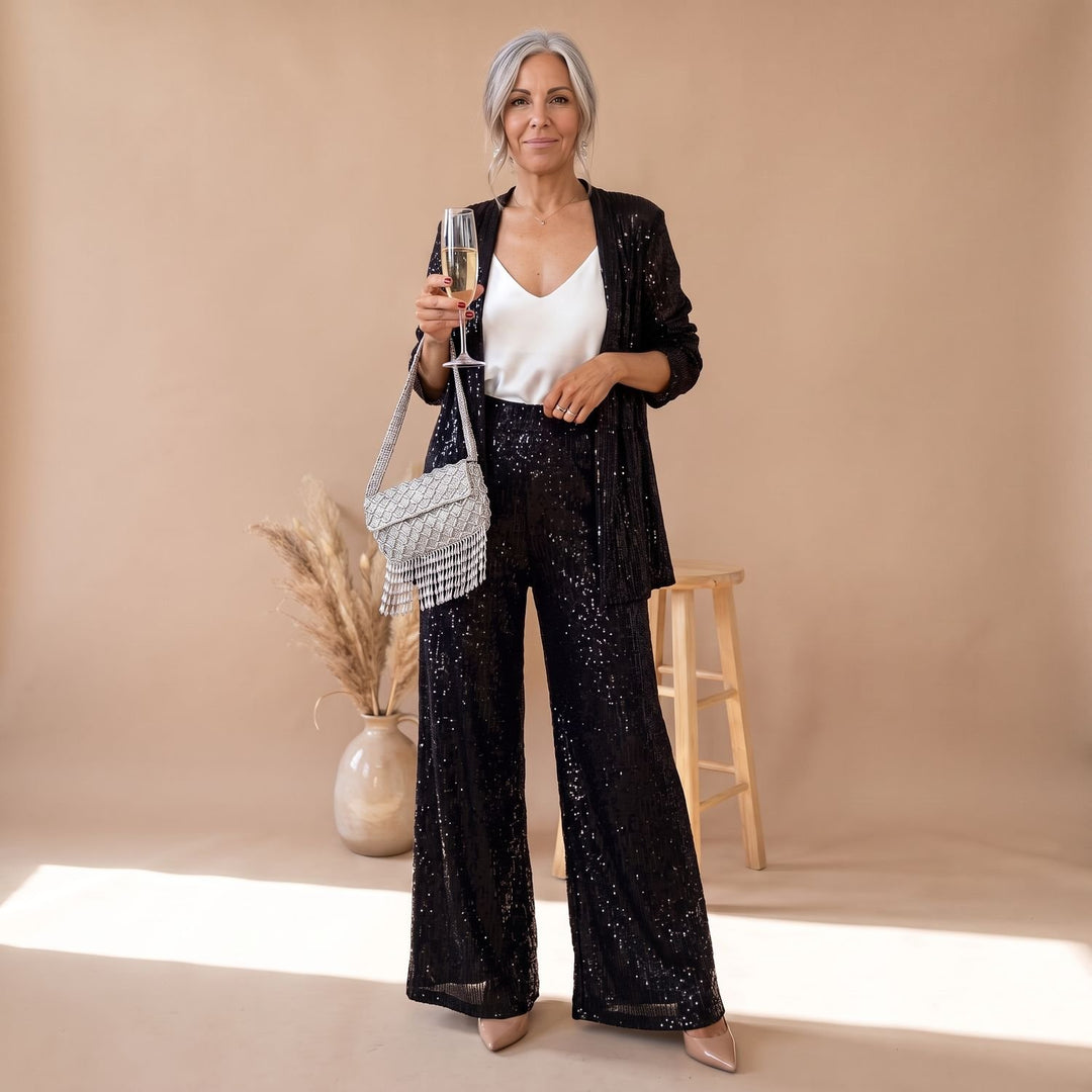 Damen Pailletten Party-Blazer Set Open-Front Langarm - Schwarz