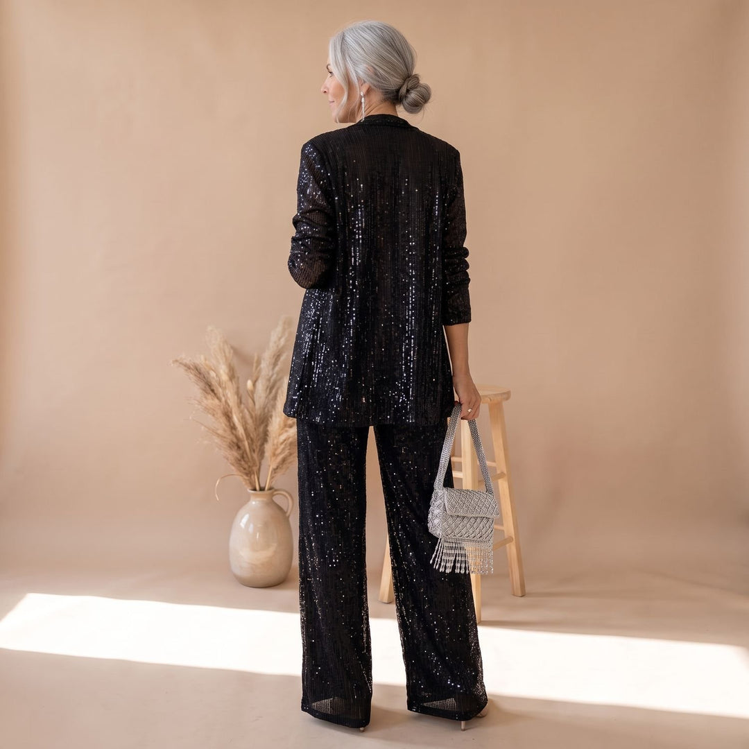 Damen Pailletten Party-Blazer Set Open-Front Langarm