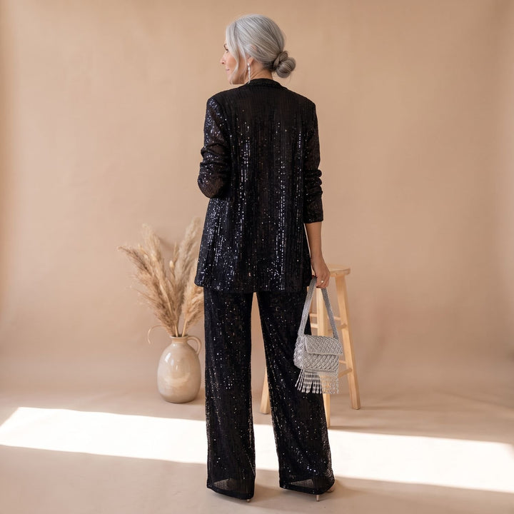 Damen Pailletten Party-Blazer Set Open-Front Langarm