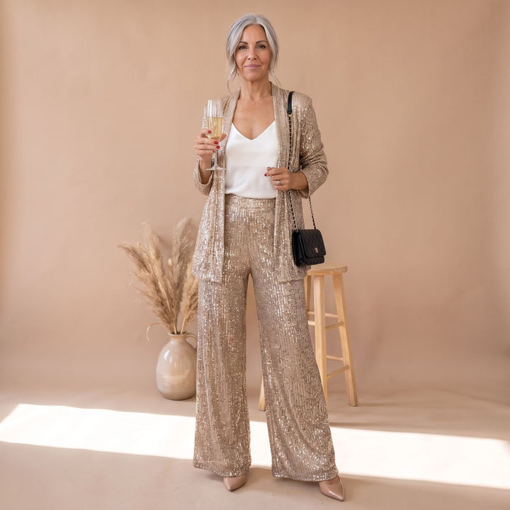 Damen Pailletten Party-Blazer Set Open-Front Langarm