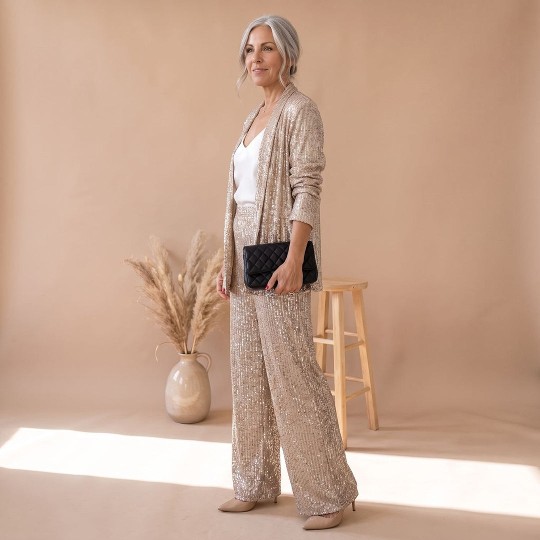 Damen Pailletten Party-Blazer Set Open-Front Langarm