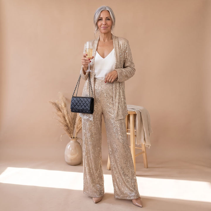 Damen Pailletten Party-Blazer Set Open-Front Langarm - Gold