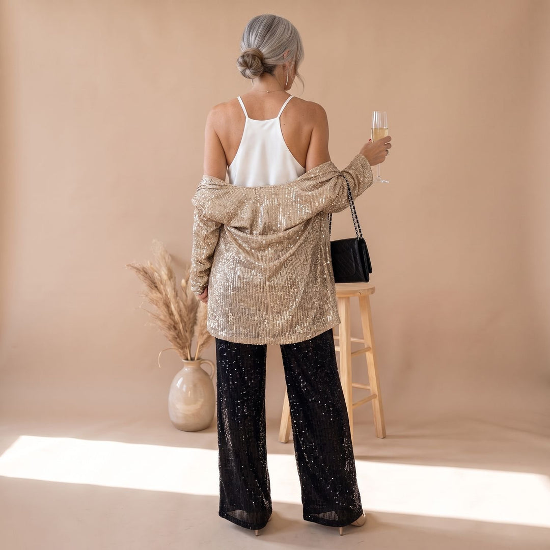 Damen Pailletten Party-Blazer Set Open-Front Langarm