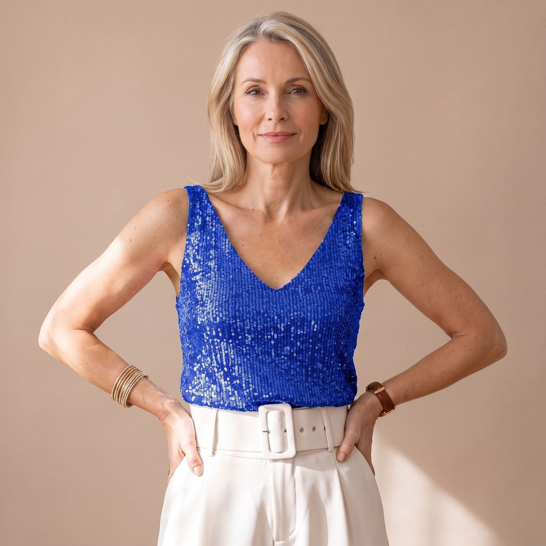 Damen Pailletten Party Oberteil Ärmelloses Glitzer Top V-Ausschnitt - Blau