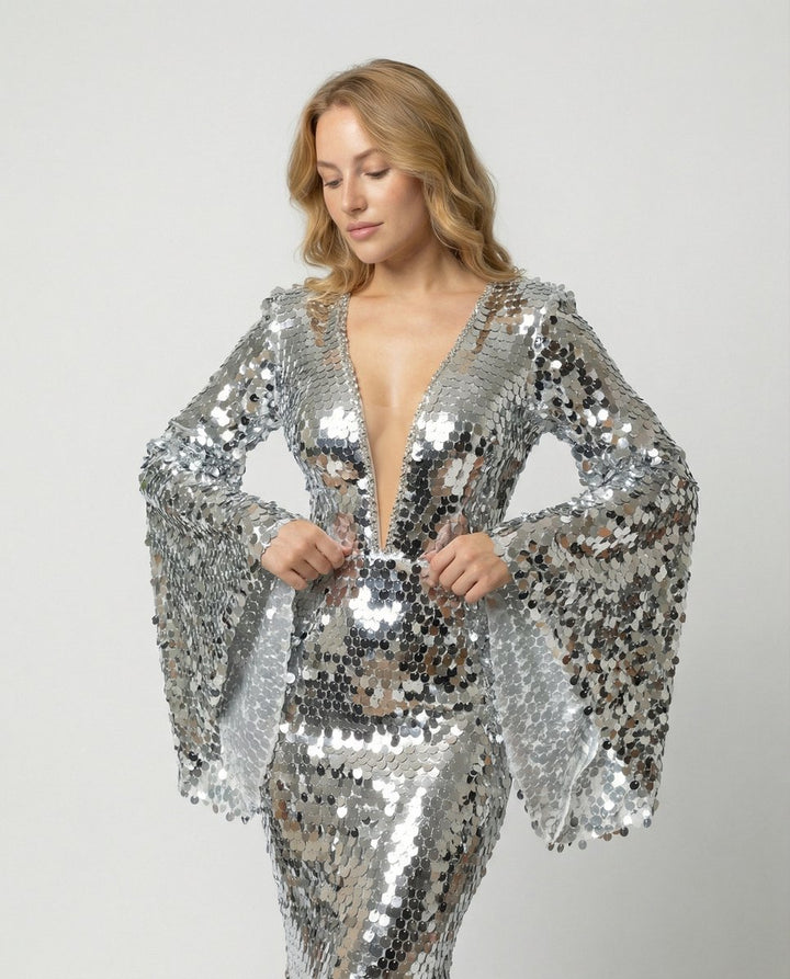 Damen Pailletten Partykleid Abendkleid glitzernd festlich - Silber