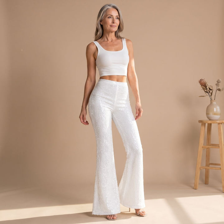Damen Pailletten Schlaghose Hohe Taille Glitzer Flared