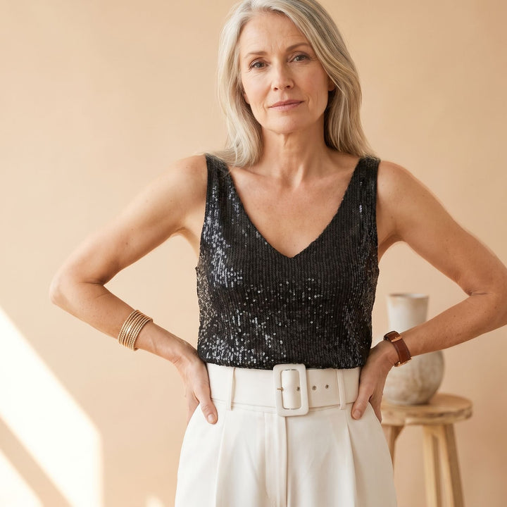 Damen Pailletten V-Ausschnitt Ärmelloses Top Glitzer - Schwarz