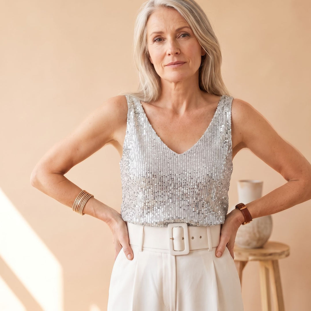 Damen Pailletten V-Ausschnitt Ärmelloses Top Glitzer - Silber