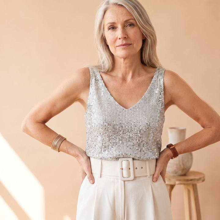 Damen Pailletten V-Ausschnitt Ärmelloses Top Glitzer - Silber