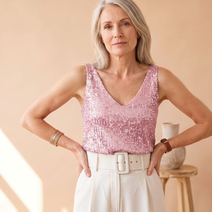 Damen Pailletten V-Ausschnitt Ärmelloses Top Glitzer - Rosa