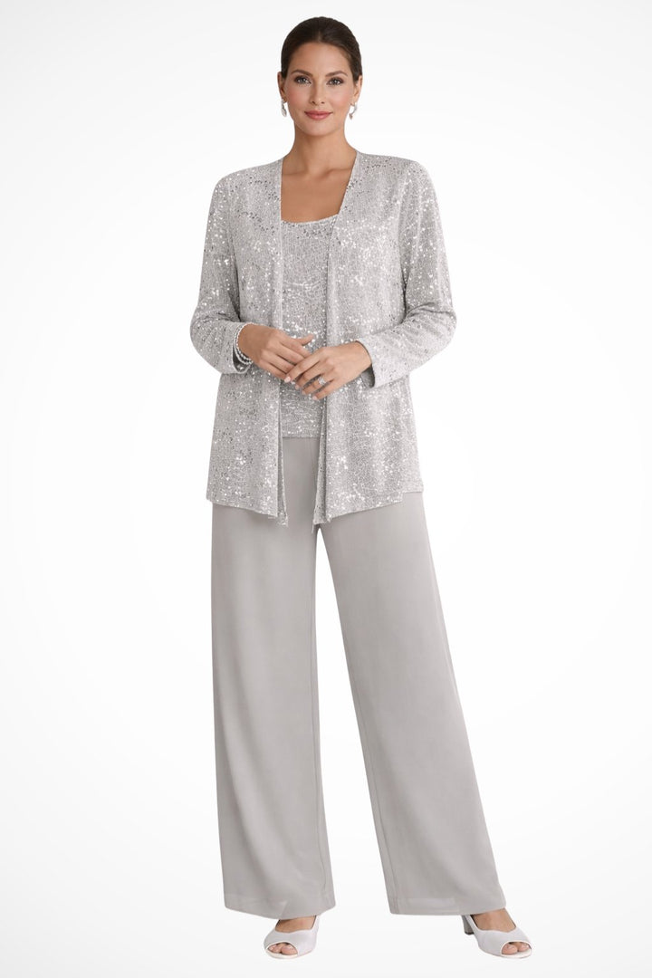 Damen Pailletten Wide-Leg Dreiteiler-Set Festliche Anzughose - Silver