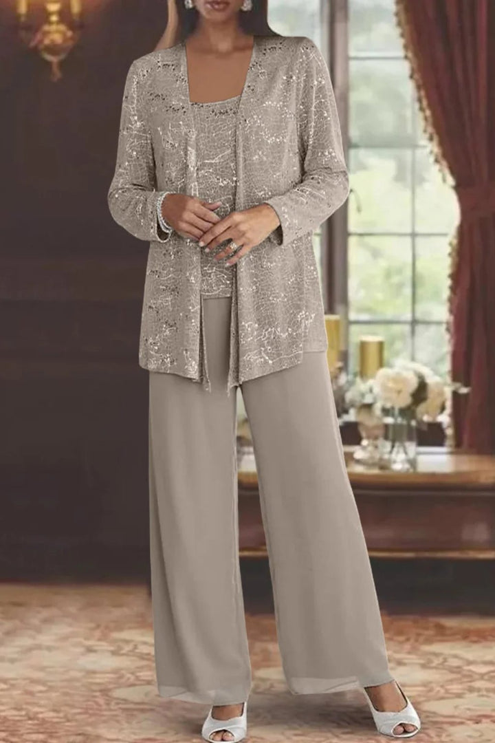 Damen Pailletten Wide-Leg Dreiteiler-Set Festliche Anzughose
