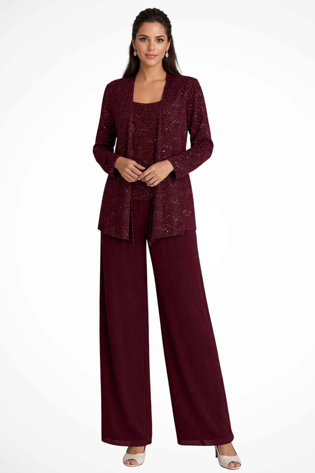 Damen Pailletten Wide-Leg Dreiteiler-Set Festliche Anzughose - Burgundy