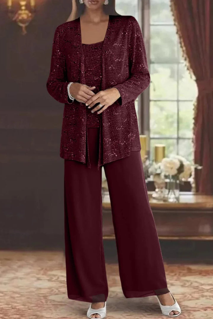 Damen Pailletten Wide-Leg Dreiteiler-Set Festliche Anzughose