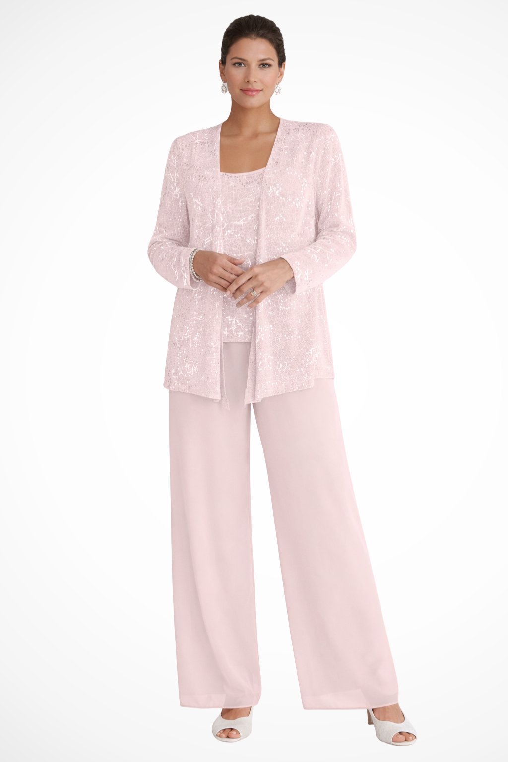 Damen Pailletten Wide-Leg Dreiteiler-Set Festliche Anzughose - Light Pink