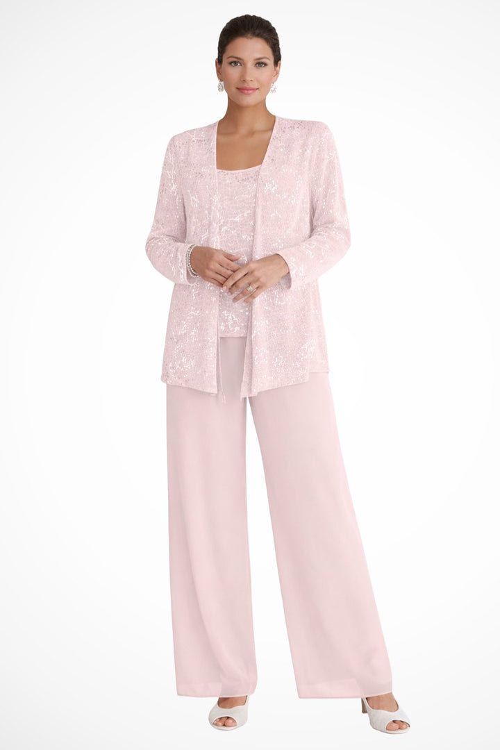 Damen Pailletten Wide-Leg Dreiteiler-Set Festliche Anzughose - Light Pink