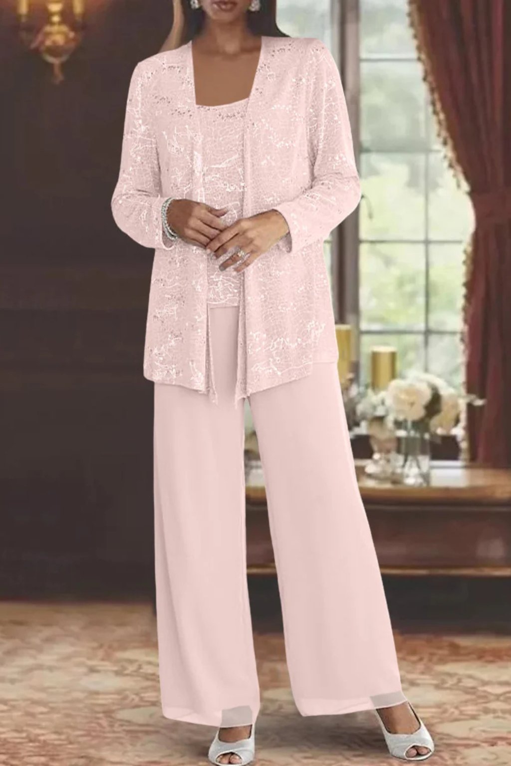 Damen Pailletten Wide-Leg Dreiteiler-Set Festliche Anzughose