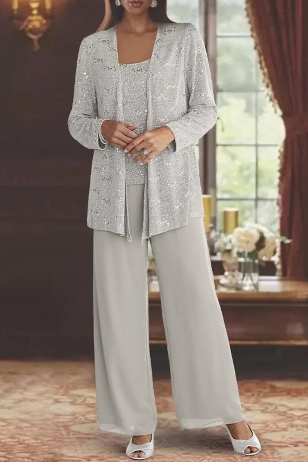 Damen Pailletten Wide-Leg Dreiteiler-Set Festliche Anzughose
