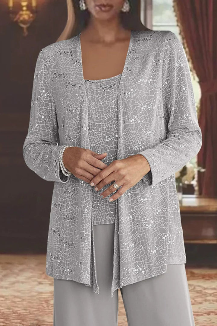 Damen Pailletten Wide-Leg Dreiteiler-Set Festliche Anzughose