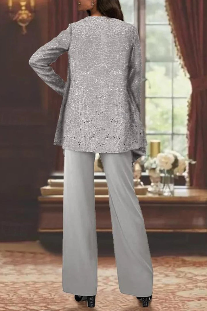 Damen Pailletten Wide-Leg Dreiteiler-Set Festliche Anzughose