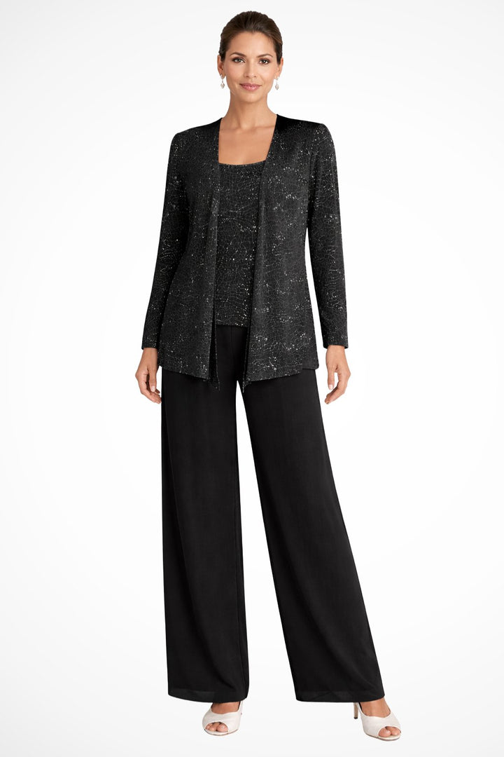 Damen Pailletten Wide-Leg Dreiteiler-Set Festliche Anzughose - Black
