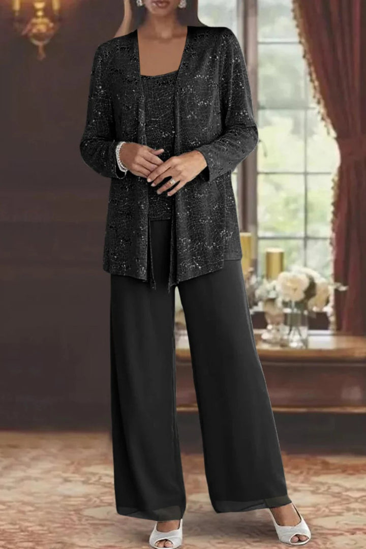 Damen Pailletten Wide-Leg Dreiteiler-Set Festliche Anzughose