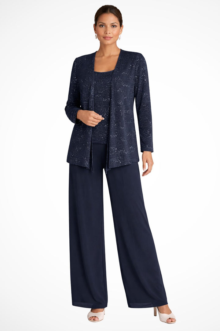 Damen Pailletten Wide-Leg Dreiteiler-Set Festliche Anzughose - Navy Blue