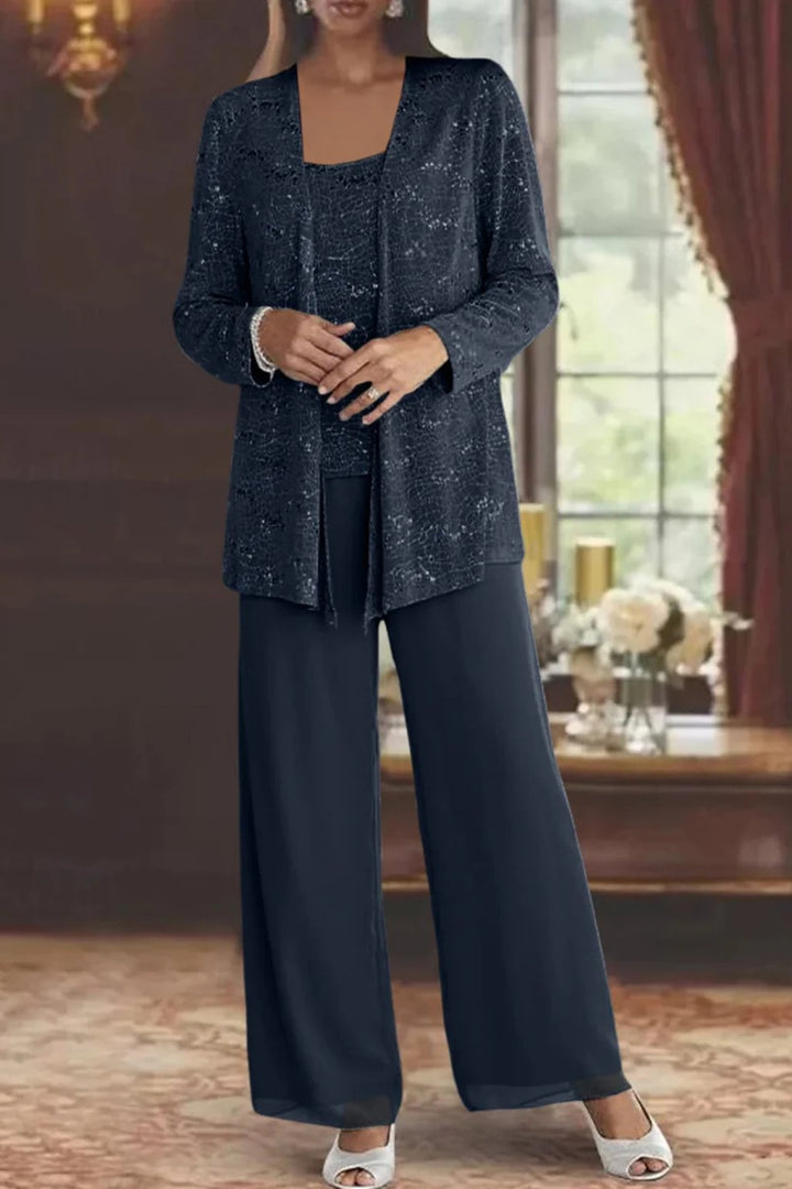 Damen Pailletten Wide-Leg Dreiteiler-Set Festliche Anzughose