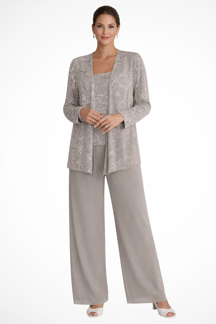 Damen Pailletten Wide-Leg Dreiteiler-Set Festliche Anzughose - Beige