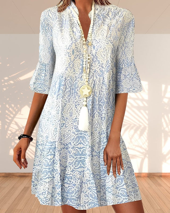 Damen Paisley V-Ausschnitt Dreiviertelarm Kleid - Blue
