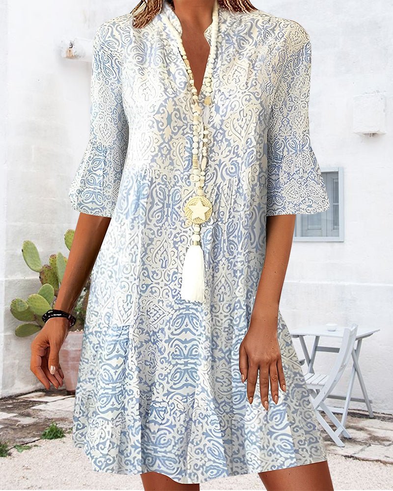 Damen Paisley V-Ausschnitt Dreiviertelarm Kleid
