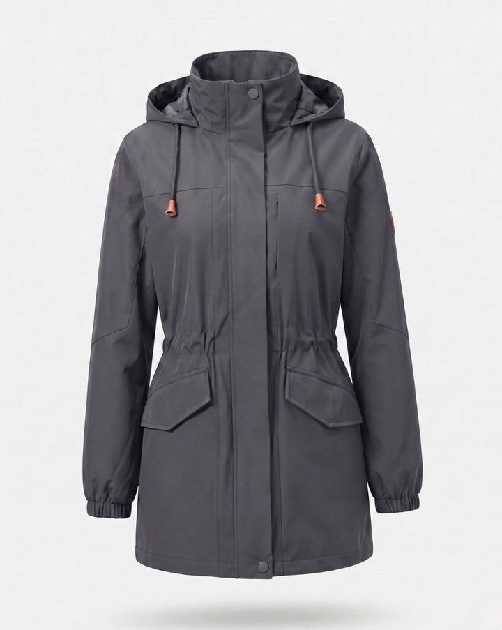 Damen Parka mit Kapuze Wasserabweisend Taillenzug Übergangsparka Lang - Herren Militärgrau