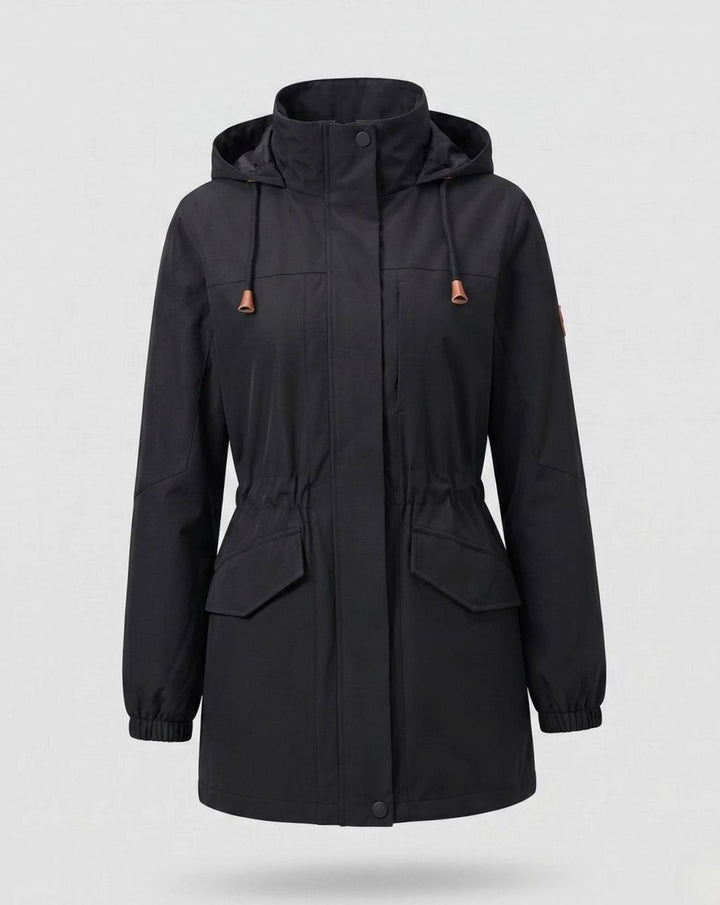 Damen Parka mit Kapuze Wasserabweisend Taillenzug Übergangsparka Lang - Damen Schwarz