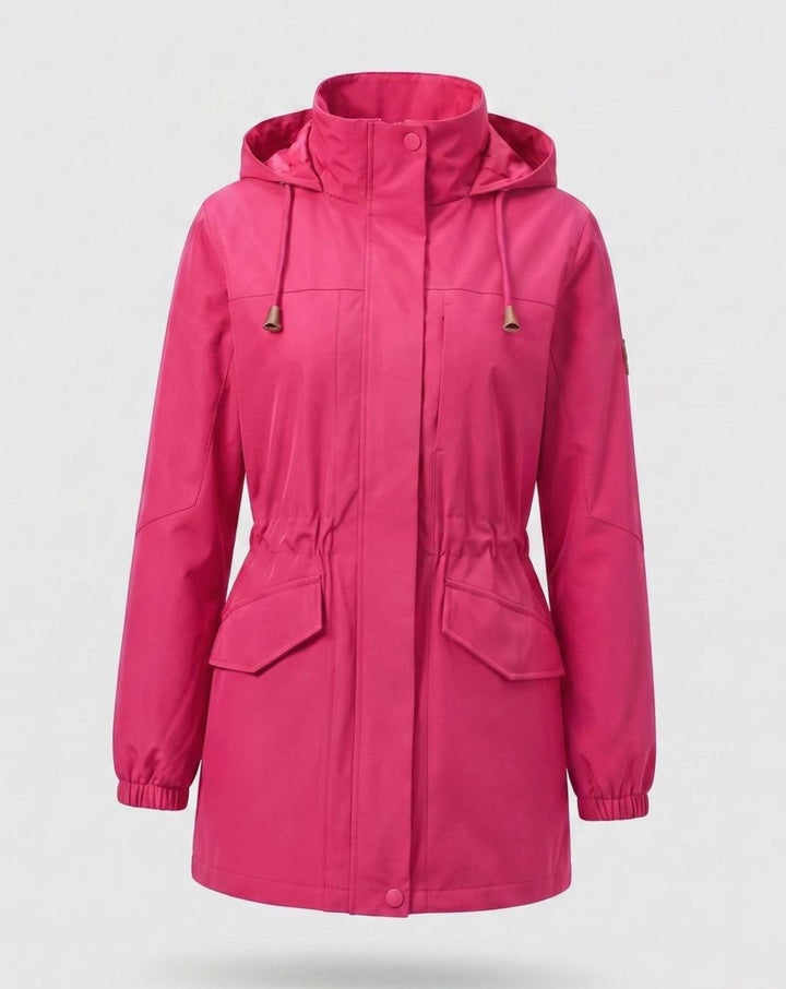 Damen Parka mit Kapuze Wasserabweisend Taillenzug Übergangsparka Lang - Damen Magenta