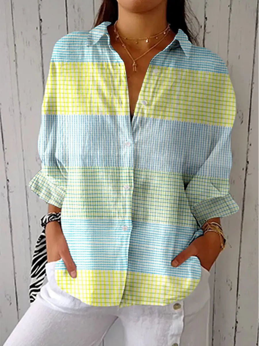 Damen Pastellgitter-Bluse mit V-Ausschnitt und Knopfleiste - Multicolor