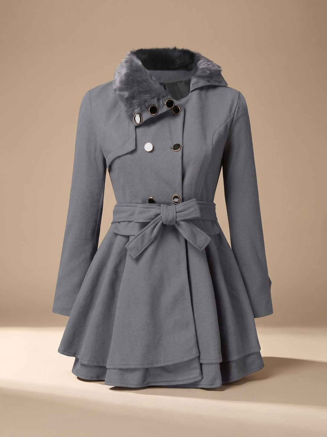 Damen Peacoat Vintage Kunstfell-Kragen Taillierter Wintermantel - Grau