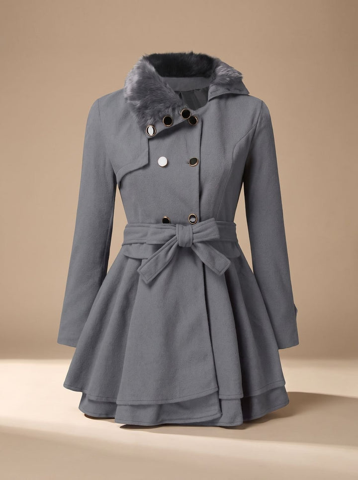 Damen Peacoat Vintage Kunstfell-Kragen Taillierter Wintermantel - Grau