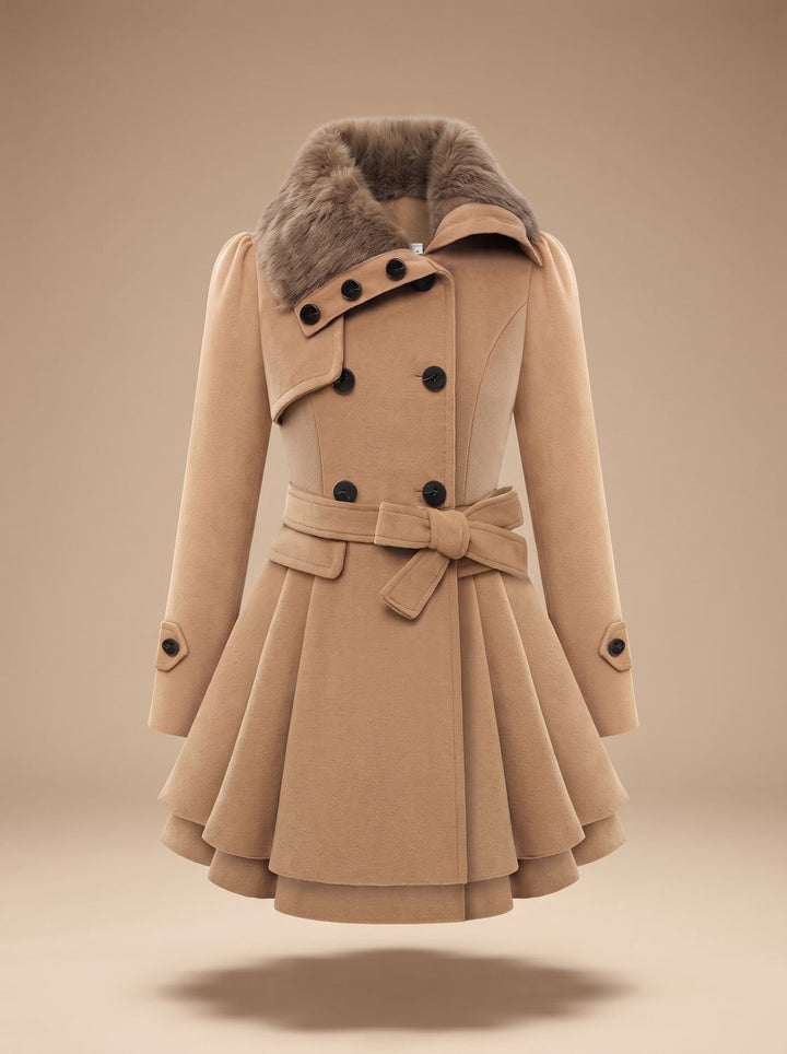 Damen Peacoat Vintage Kunstfell-Kragen Taillierter Wintermantel - Beige